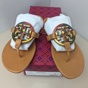 Tory Burch $298 Enamel Miller Soft Sandal Multi Natural Vachetta Tan 9 7.5 Slide